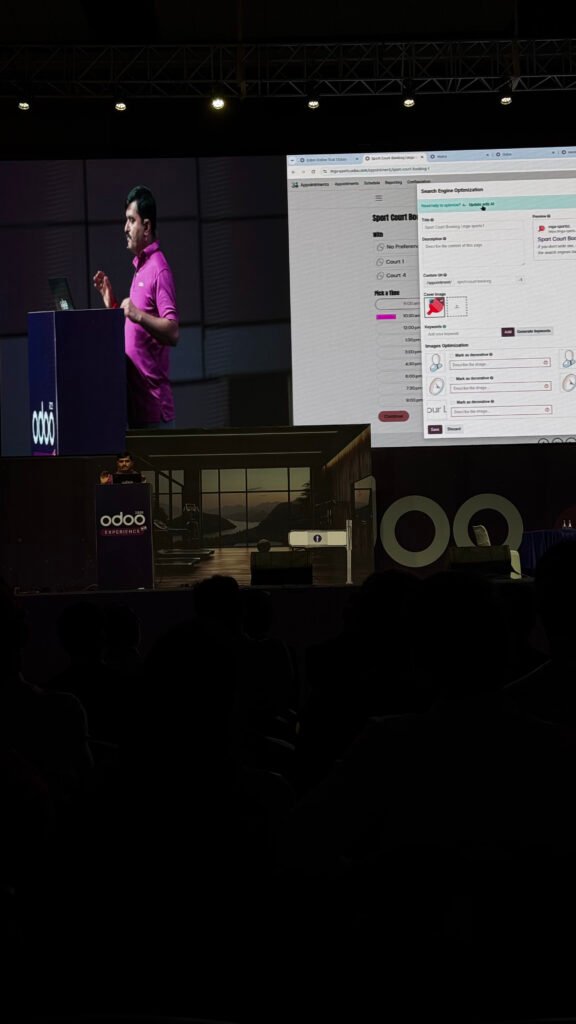 Mantavya Gajjar opening the Odoo 20 keynote at Mahatma Mandir, Gandhinagar